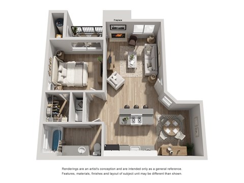 Floor plan for 1 bed, 1 bath, 690 sqft
